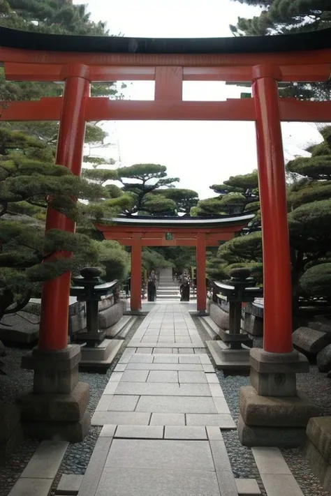 perfect face a large stone arch, inspired by Torii Kiyonobu I, romantic scene, near a japanese shrine, torii in the background, inspired by Torii Kiyonaga, japanese temples, centered torii gate, ancient japanese architecture, in front of a temple, complex and desaturated, japanese torii in a moutain, shinto shrine, japanese temple