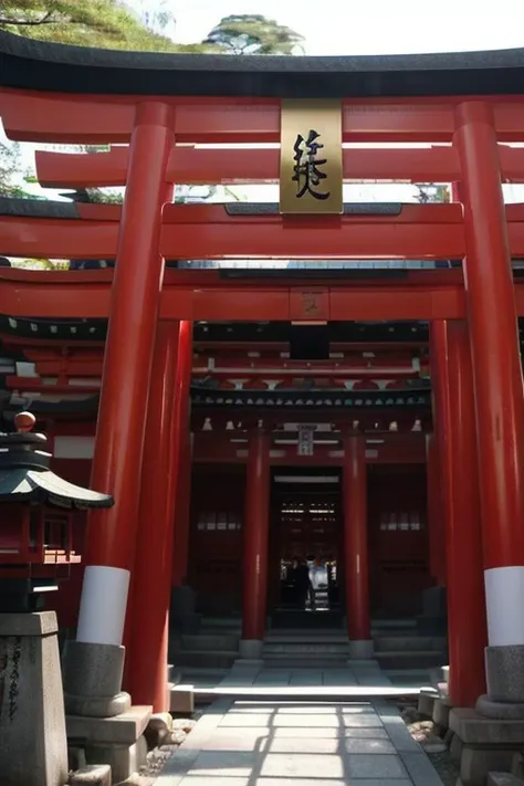 perfect face a large red torin, inari shrine, near a japanese shrine, shinto shrine, torii in the background, heavens gate, japanese torii in a moutain, torii gate, centered torii gate, inspired by Torii Kiyomitsu, inspired by Torii Kiyonobu I, japanese temple, in front of a temple, chinese temple
