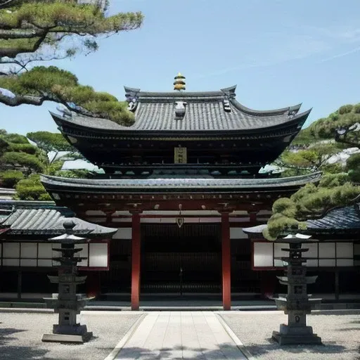 a large building, japanese temple, in ancient japan, ancient japan, edo era house in the background, ancient japanese architecture, japanese temples, academic, japanese architecture, cooked, kyoto, ukiyoe, ancient world, bronze skinned, dark skinned, nature meets architecture, dark-skinned, pagoda with a lot of wind chimes, shrines, hajime isayama