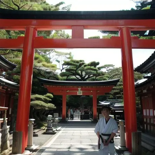 perfect face a red torin, near a japanese shrine, shinto shrine, inspired by Torii Kiyonaga, inspired by Torii Kiyonobu I, by Torii Kiyonaga, inari shrine, centered torii gate, torii gate, kyoto, torii in the background, japanese temples, japanese shrine, framing, japanese temple