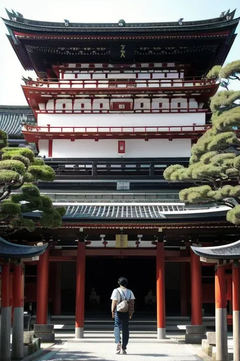 perfect face a large building, japanese temple, in ancient japan, ancient japan, edo era house in the background, ancient japanese architecture, japanese temples, academic, japanese architecture, cooked, kyoto, ukiyoe, ancient world, bronze skinned, dark skinned, nature meets architecture, dark-skinned, pagoda with a lot of wind chimes, shrines, hajime isayama