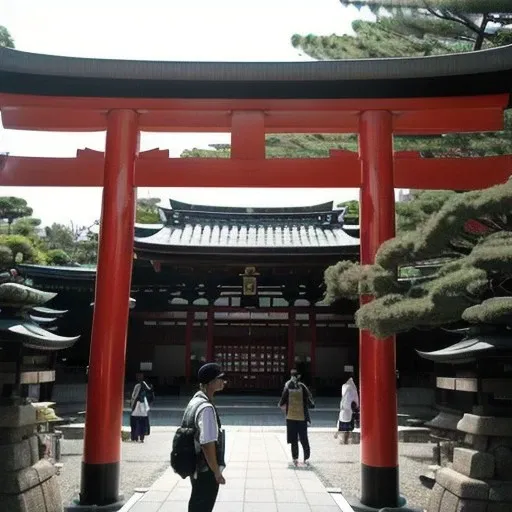 a large red torin, imposing presence, inari shrine, heavens gate, in front of a temple, near a japanese shrine, japanese temple, shinto shrine, ghutra and egal, japanese shrine, in front of the temple, person in foreground, takeuchi takashi, the wonder of devotion, standing in a buddhist temple, ancient japanese, chinese temple