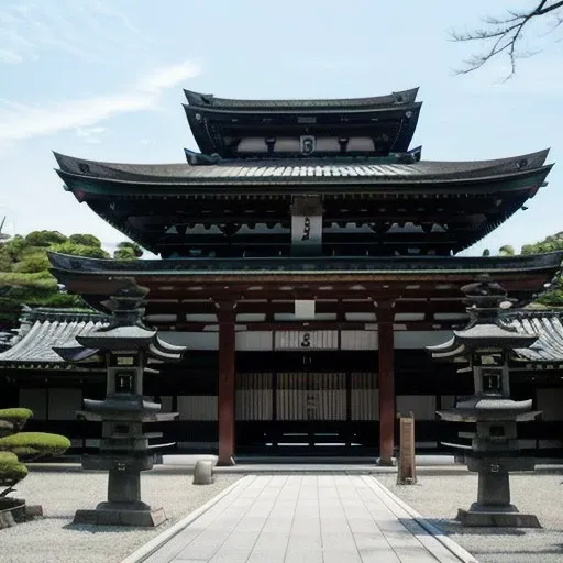 a large building, japanese temple, in ancient japan, ancient japan, edo era house in the background, ancient japanese architecture, japanese temples, academic, japanese architecture, cooked, kyoto, ukiyoe, ancient world, bronze skinned, dark skinned, nature meets architecture, dark-skinned, pagoda with a lot of wind chimes, shrines, hajime isayama