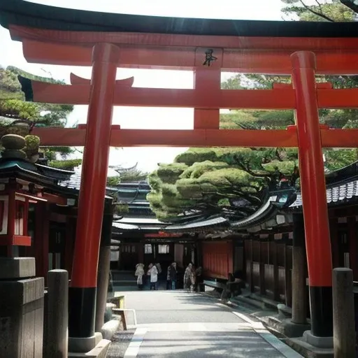 perfect face a street with a lot of lanterns hanging from the sky, shinto shrine, inari shrine, near a japanese shrine, kyoto, torii in the background, like kyoto, genji, framing, inspired by Torii Kiyonobu I, japanese, kyoto animation, japanese temples, tamagotchi, taoist temples and monks, sadamoto yoshiyuki