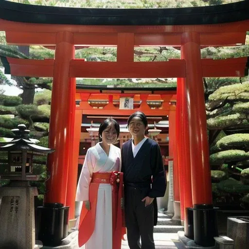 a couple of people standing in front of a red torin, near a japanese shrine, shinto shrine, inspired by Torii Kiyonobu I, ghutra and egal, inari shrine, red skinned, red ocher, japanese temple, centered torii gate, in ancient japan, inspired by Torii Kiyonaga