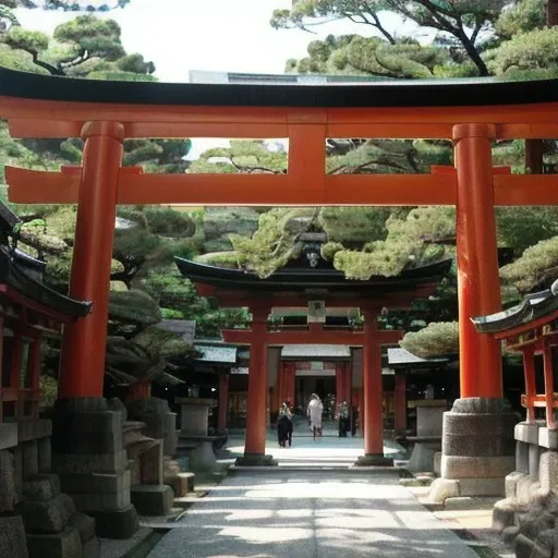 a large stone arch, inspired by Torii Kiyonobu I, romantic scene, near a japanese shrine, torii in the background, inspired by Torii Kiyonaga, japanese temples, centered torii gate, ancient japanese architecture, in front of a temple, complex and desaturated, japanese torii in a moutain, shinto shrine, japanese temple