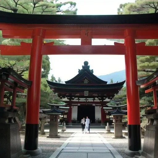 a large red torin, near a japanese shrine, shinto shrine, heavens gate, inari shrine, japanese temple, japanese torii in a moutain, japanese shrine, kyoto, perfect framing, onmyoji, japanese temples, in front of a temple, standing in a buddhist temple, romantic!!!, ancient japanese architecture, inspired by Torii Kiyonobu I