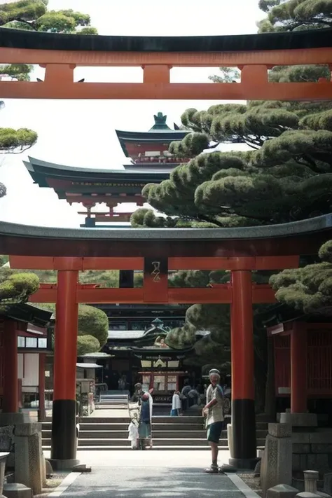 perfect face a large stone arch, tamagotchi, onmyoji, torii in the background, kamakura period, toei, by Torii Kiyomoto, centered torii gate, in ancient japan, itsuko azuma, ancient japanese architecture, ancient civilization, torii gate, near a japanese shrine