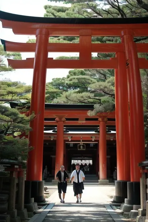 perfect face a couple of people walking through a red torido, shinto shrine, inspired by Torii Kiyonobu I, near a japanese shrine, centered torii gate, heavens gate, inari shrine, the gates of hell, inspired by Torii Kiyonaga, japanese temple, inspired by Zhou Shuxi, symmetry!! portrait of akuma