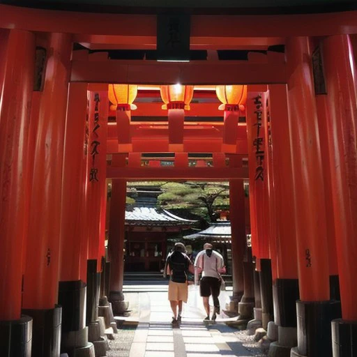 a couple of people walking through a tunnel of red torido, inari shrine, itsuko azuma, shinto shrine, symmetry!! portrait of akuma, neon orange, near a japanese shrine, centered torii gate, red glow, the gates of hell, in ancient japan, long hall way, red rising planet, glowing red, his one yes glow red