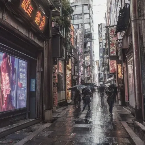 masterpiece, uhd, 8k , canon 5dCyberpunk Alley: A dimly lit, rain-soaked alley filled with holographic billboards, futuristic graffiti, and bustling street vendors.