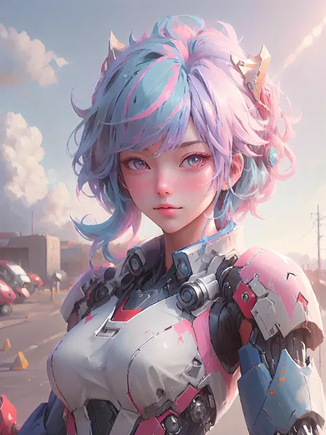 ((best quality)),((masterpiece)),((realistic)),1girl,cute,hanfu,red|pink|blue hair,mecha musume,mechanical parts,morning glow,pastel sky,cool tones,sun rays,soft light,peaceful atmosphere,early morning serenity,<lora:OC:0.8:ALL>,8K,OC rendering,Unreal Engine,<lora:A-Mecha-REN[color_theme,mecha musume, mechanical parts, robot joints,headgear,full armor]:0.5:char>,