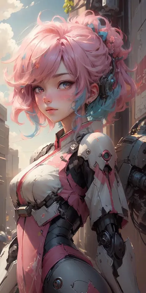 ((best quality)),((masterpiece)),((realistic)),1girl,cute,hanfu,red|pink|blue hair,mecha musume,mechanical parts,morning glow,pastel sky,cool tones,sun rays,soft light,peaceful atmosphere,early morning serenity,<lora:OC:0.8:ALL>,8K,OC rendering,Unreal Engine,<lora:A-Mecha-REN[color_theme,mecha musume, mechanical parts, robot joints,headgear,full armor]:0.5:char>,