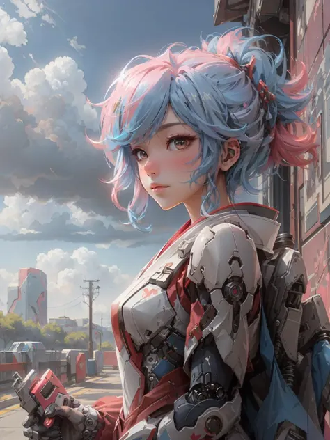 best quality,masterpiece,realistic,ultra detaile,1girl,cute,hanfu,red|pink|blue hair,mecha musume,mechanical parts,full armor,morning glow,pastel sky,cool tones,sun rays,soft light,peaceful atmosphere,early morning serenity,Depth of field,8K,OC rendering,Unreal Engine,<lora:A-Mecha-REN[color_theme,mecha musume, mechanical parts, robot joints,headgear,full armor]:0.5:char>,<lora:OC:0.8:ALL>,