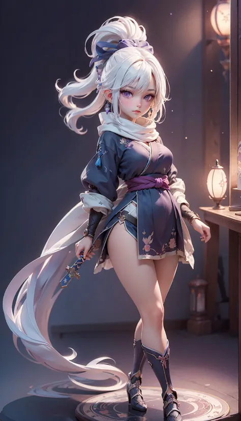 (((masterpiece))), (((best quality))), ((ultra-detailed)), (highly detailed CG illustration), cinematic light, intricate detail,
full body, chibi,
1girl, white hair, ponytail, purple eyes, (ninja), short sword, medium breats ,scarf, wallpaper, magic circle background, light particles, blue fire,
<lora:blindbox_v1_mix:0.8> <lora:OC:0.6>