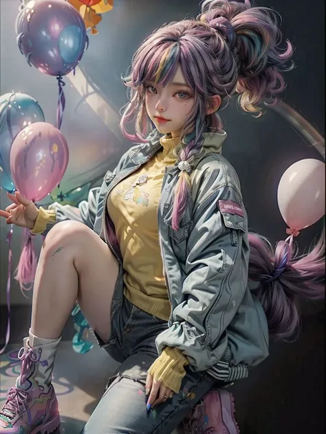 masterpiece, best quality, 1 girl, pretty and cute, (rainbow color Highlight Hair,colorful hair:1.4), wearing blue and purple sunglasses, yellow jacket with white pattern, white sweater, many colored balloons, doll face, ponytail braid, perfect detail eyes, delicate face, perfect cg, HD quality, colored balloons, sky ,black boots,<lora:OC:0.8>,nsfw, <lora:add_detail:1> <lora:Black_See-through_Bodysuit:0.6>