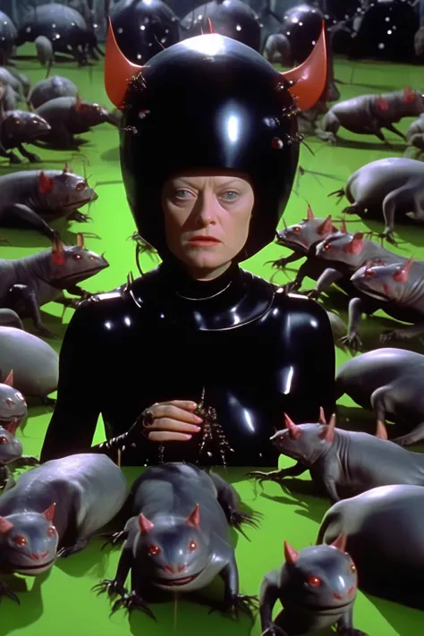 <lora:Terry Gilliam Style:1>Terry Gilliam Style - cinematic still, film by David Lynch, painting by Hieronymus Bosch, garden of earthly delights, David Fincher, Sam is with her helmet off, heading a half panther half spider, mini doges all around her eating frogs, wide angle 8 mm, top light, black medieval armor, Nanobots, Cine still 800t, in battle, in the forest