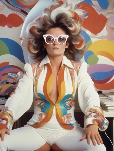 Psychedelic style Terry Gilliam Style full body photo of a lewd lady wearing glasses, with messy hair, nose blush, half-closed eyes, open mouth, dressed in a white moden Gucci outfit, lying on her desk, face up, back down, spread her legs, front view, solo <lora:Terry Gilliam Style:1> . Vibrant colors, swirling patterns, abstract forms, surreal, trippy