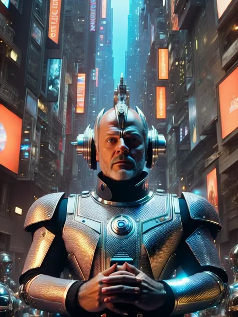 <lora:TerryGilliam:1>A scene from the Terry Gilliam film Brazil as directed by Orson Welles, shot on an Arri Alexa Mini LF with a 50mm lens, under neon-lit conditions. Symmetrical facial features, fingers and limbs. The style blending Welles' noir-inspired cinematic language with the high-tech, low-life ethos of cyberpunk, developed on Kodak Vision3 500T 5219 film. Expect the scene to depict a gritty futuristic cityscape, filled with imposing architecture, holographic advertisements, and a diverse crowd of cyborgs and humans.