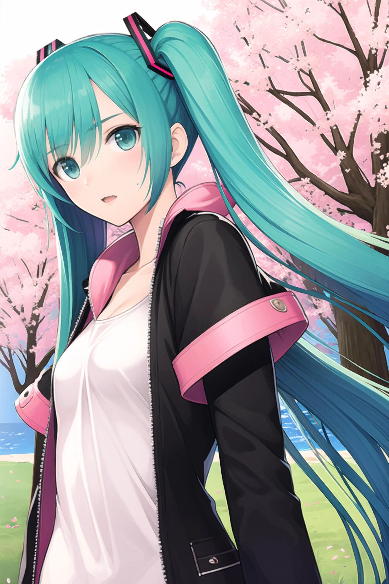 tony,1girl,solo,hatsune_miku, long hair,green hair,open jacket, cherry blossoms, cherry hair ornament, hanami, highres, <lora:tony:0.9>