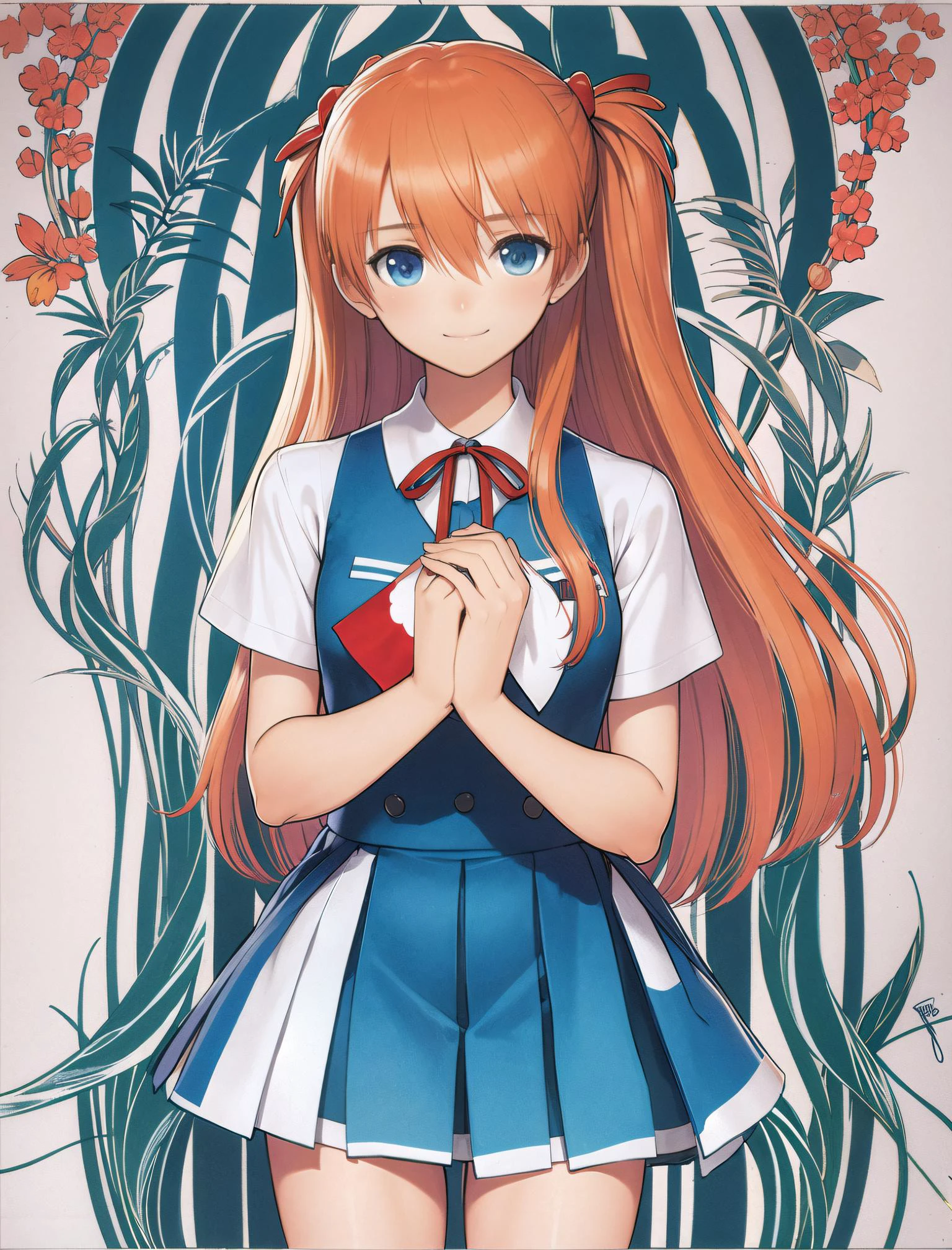 1girl, souryuu asuka langley, solo, long hair, school uniform, blue eyes, smile, white background, ribbon, shirt, simple background, own hands together, orange hair, short sleeves, skirt, red ribbon, neck ribbon, white shirt, bangs, hair between eyes, looking at viewer, tokyo-3 middle school uniform, signature, closed mouth, two side up, hair ornament, suspender skirt, suspenders, traditional media, cowboy shot, interlocked fingers, blue skirt, <lora:tony_1024:0.8>