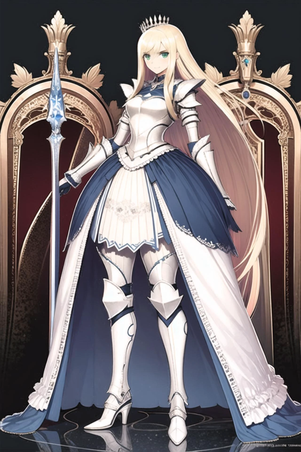 tony,1girl, long hair, blonde hair, armor, weapon, shield, solo, green eyes, armored dress, dress, gauntlets, looking at viewer, full body, crown, simple background, white background, sword, smile, bangs, tiara, very long hair, high heels, ribbon, breastplate, standing, armored boots, boots,standing, <lora:tony:0.9>