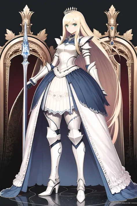 tony,1girl, long hair, blonde hair, armor, weapon, shield, solo, green eyes, armored dress, dress, gauntlets, looking at viewer, full body, crown, simple background, white background, sword, smile, bangs, tiara, very long hair, high heels, ribbon, breastplate, standing, armored boots, boots,standing,  <lora:tony:0.9>