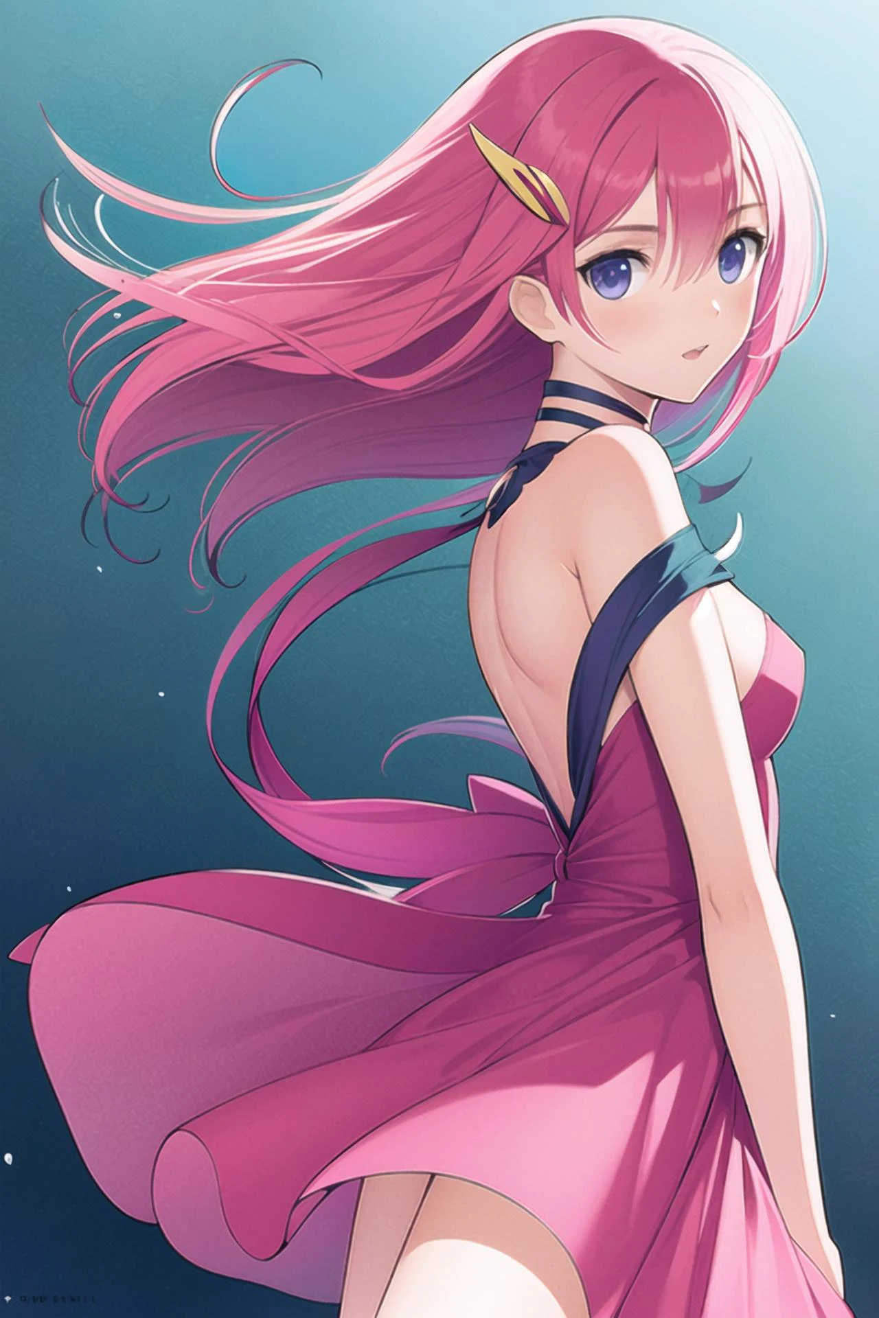 tony,1girl, solo, long hair, breasts, hair ornament, pink hair, dress, cleavage, small breasts, meer campbell, purple eyes, pink dress, blue eyes, bare shoulders, <lora:tony:0.9>