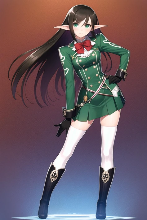 tony,1girl, solo, thighhighs, pointy ears, black boots, long hair, black hair, gloves, brown hair, green skirt, zettai ryouiki, white thighhighs, hand on hip, standing, <lora:tony:0.9>