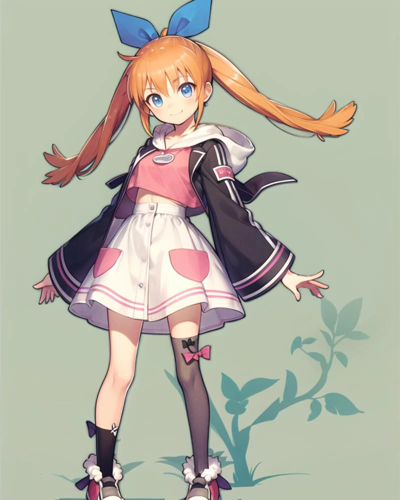 1girl, solo, long hair, looking at viewer, smile, bangs, skirt, ribbon, blue eyes, thighhighs, frills, bow, standing,
<lora:tony_1024:0.6>,
<lora:popuri_v9_locon-000003:0.5>, <lora:popurin_moe:0.3>, (blue eyes, hair bow, orange hair, twintails), pink shirt, skirt, pocket, shoes, asymmetrical legwear, mismatched legwear, black socks, grey thighhigh, ribbon, hood,