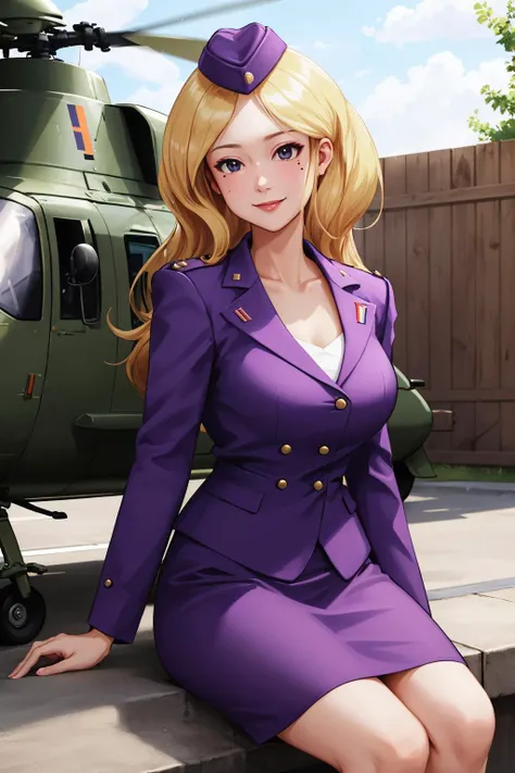 <lora:NellAW-10:0.8> NellAW, adult, mature woman, military uniform, skirt, purple clothes, garrison cap, mole
masterpiece, best quality, absurdres, looking at viewer, smile, war, helicopter