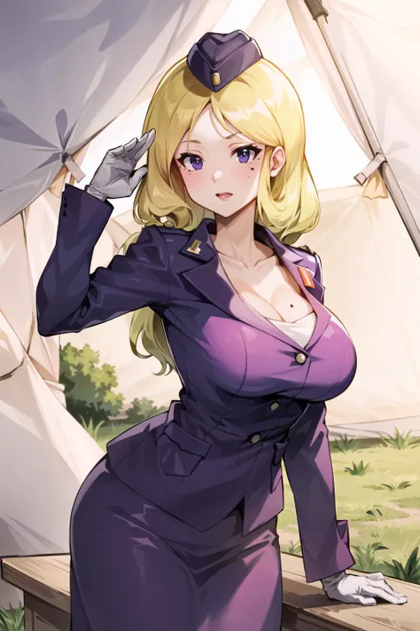 NellAW,1girl,adult,mature woman,large breasts,military uniform,skirt,purple clothes,garrison cap,mole,facing viewer,saluting,standing,(in canvas tent), <lora:NellAW:0.8>