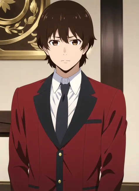 <lora:kakegurui_style_offset:1> kakegurui style, 1boy, solo, male focus, necktie, high school uniform, shirt, brown hair, school uniform, red necktie, closed mouth, white shirt, short hair, collared shirt, red jacket, upper body, jacket, bangs, blazer, indoors, vest, facing viewer, ((masterpiece)), ((masterpiece))