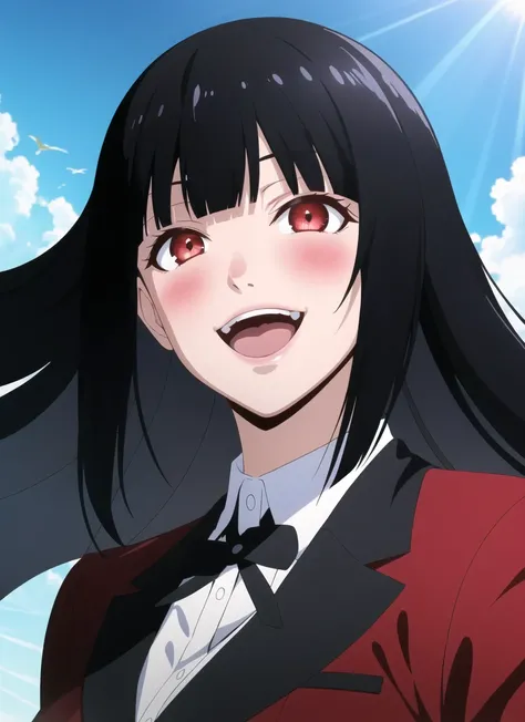 <lora:kakegurui_style_offset:1> kakegurui style, jabami yumeko, 1girl, :d, black hair, black jacket, blunt bangs, blunt ends, blush, collared shirt, crazy eyes, crazy smile, floating hair, hime cut, hyakkaou academy school uniform, jacket, long hair, looking at viewer, open mouth, portrait, red eyes, ringed eyes, school uniform, shirt, smile, solo, teeth, white shirt, ((masterpiece))