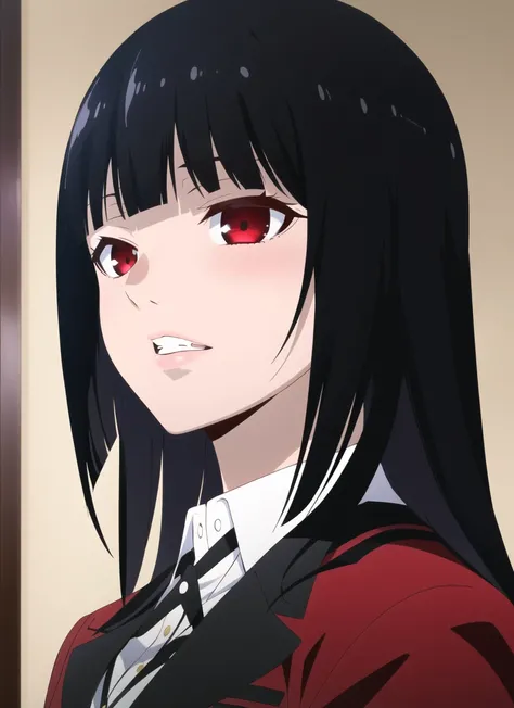 <lora:kakegurui_style_offset:1> kakegurui style, jabami yumeko, 1girl, black hair, blunt bangs, hime cut, hyakkaou academy school uniform, jacket, long hair, looking to the side, parted lips, portrait, red eyes, red jacket, school uniform, shirt, solo, teeth, white shirt, ((masterpiece))