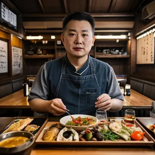 HDR,UHD,8K,Highly detailed,best quality,masterpiece,1boy,<lora:aki:0.8>,realistic,wide_shot,izakaya,