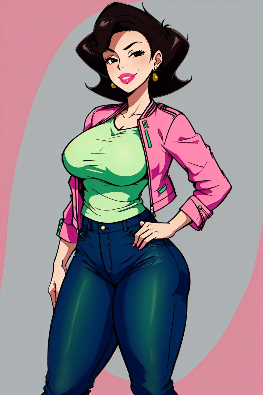 <lora:SusanLong:1.3>, susanlongv1, looking at viewer, pink lips, smile, black hair, black eyes, pink jacket, jeans, simple background, mature female, large breasts, curvy, squinting, (green shirt)