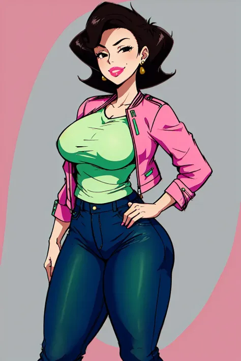 <lora:SusanLong:1.3>, susanlongv1, looking at viewer, pink lips, smile, black hair, black eyes, pink jacket, jeans, simple background, mature female, large breasts, curvy, squinting, (green shirt)