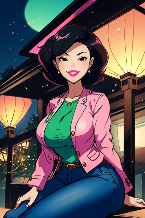 <lora:SusanLong:1.3>, susanlongv1, looking at viewer, pink lips, smile, black hair, black eyes, pink jacket, jeans, mature female, large breasts, curvy, squinting, (green shirt), paper lantern, evening, volumetric lighting, light particles, sitting