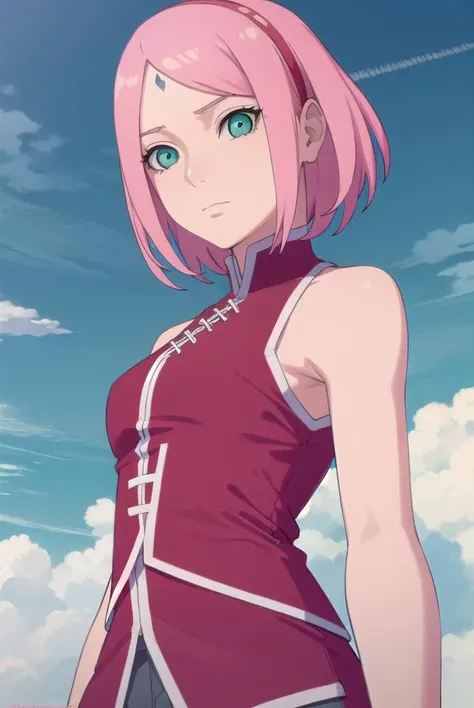 sakuraharuno, <lora:sakura uchiha-lora-nochekaiser:1>,
sakura uchiha, haruno sakura, short hair, (green eyes:1.3), pink hair, facial mark, forehead mark, hairband,
BREAK jewelry, sleeveless, pants, bracelet, sandals, toeless footwear, white pants, dress, red dress,
BREAK outdoors, city, sun, sky, clouds,
BREAK looking at viewer, (cowboy shot:1.5),
BREAK <lyco:GoodHands-beta2:1>, (masterpiece:1.2), best quality, high resolution, unity 8k wallpaper, (illustration:0.8), (beautiful detailed eyes:1.6), extremely detailed face, perfect lighting, extremely detailed CG, (perfect hands, perfect anatomy),