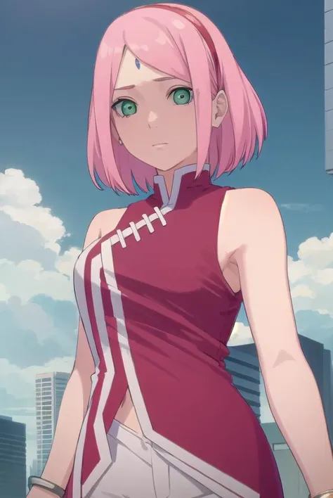 sakuraharuno, <lora:sakura uchiha-lora-nochekaiser:1>,
sakura uchiha, haruno sakura, short hair, (green eyes:1.5), pink hair, facial mark, forehead mark, hairband,
BREAK jewelry, sleeveless, pants, bracelet, sandals, toeless footwear, white pants, dress, red dress,
BREAK outdoors, city, sun, sky, clouds,
BREAK looking at viewer, (cowboy shot:1.5),
BREAK <lyco:GoodHands-beta2:1>, (masterpiece:1.2), best quality, high resolution, unity 8k wallpaper, (illustration:0.8), (beautiful detailed eyes:1.6), extremely detailed face, perfect lighting, extremely detailed CG, (perfect hands, perfect anatomy),