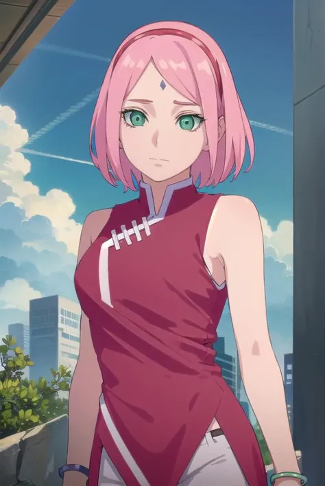 Mature Sakura Haruno small breasts, thin legs, pink hair green eyes, illuminated, blushing looking up ((aerial view))