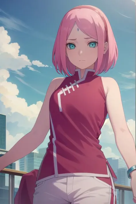 sakuraharuno, <lora:sakura uchiha-lora-nochekaiser:1>,
sakura uchiha, haruno sakura, short hair, (green eyes:1.3), pink hair, facial mark, forehead mark, hairband,
BREAK jewelry, sleeveless, pants, bracelet, sandals, toeless footwear, white pants, dress, red dress,
BREAK outdoors, city, sun, sky, clouds,
BREAK looking at viewer, (cowboy shot:1.5),
BREAK <lyco:GoodHands-beta2:1>, (masterpiece:1.2), best quality, high resolution, unity 8k wallpaper, (illustration:0.8), (beautiful detailed eyes:1.6), extremely detailed face, perfect lighting, extremely detailed CG, (perfect hands, perfect anatomy),