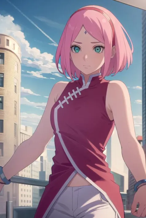 sakuraharuno, <lora:sakura uchiha-lora-nochekaiser:1>,
sakura uchiha, haruno sakura, short hair, (green eyes:1.3), pink hair, facial mark, forehead mark, hairband,
BREAK jewelry, sleeveless, pants, bracelet, sandals, toeless footwear, white pants, dress, red dress,
BREAK outdoors, city, sun, sky, clouds,
BREAK looking at viewer, (cowboy shot:1.5),
BREAK <lyco:GoodHands-beta2:1>, (masterpiece:1.2), best quality, high resolution, unity 8k wallpaper, (illustration:0.8), (beautiful detailed eyes:1.6), extremely detailed face, perfect lighting, extremely detailed CG, (perfect hands, perfect anatomy),