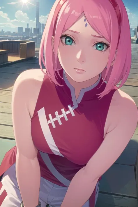 sakuraharuno, <lora:sakura uchiha-lora-nochekaiser:1>,
sakura uchiha, haruno sakura, short hair, (green eyes:1.3), pink hair, facial mark, forehead mark, hairband,
BREAK jewelry, sleeveless, pants, bracelet, sandals, toeless footwear, white pants, dress, red dress,
BREAK outdoors, city, sun, sky, clouds,
BREAK looking at viewer, (cowboy shot:1.5),
BREAK <lyco:GoodHands-beta2:1>, (masterpiece:1.2), best quality, high resolution, unity 8k wallpaper, (illustration:0.8), (beautiful detailed eyes:1.6), extremely detailed face, perfect lighting, extremely detailed CG, (perfect hands, perfect anatomy),