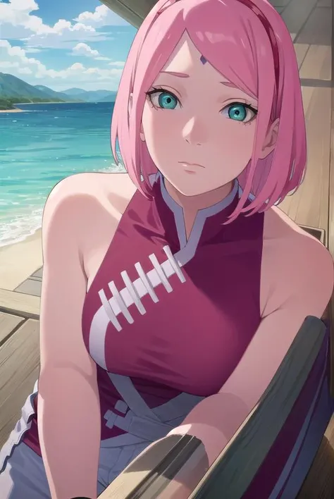 sakuraharuno, <lora:sakura uchiha-lora-nochekaiser:1>,
sakura uchiha, haruno sakura, short hair, (green eyes:1.3), pink hair, facial mark, forehead mark, hairband,
BREAK jewelry, sleeveless, pants, bracelet, sandals, toeless footwear, white pants, dress, red dress,
BREAK outdoors, city, sun, sky, clouds,
BREAK looking at viewer, (cowboy shot:1.5),
BREAK <lyco:GoodHands-beta2:1>, (masterpiece:1.2), best quality, high resolution, unity 8k wallpaper, (illustration:0.8), (beautiful detailed eyes:1.6), extremely detailed face, perfect lighting, extremely detailed CG, (perfect hands, perfect anatomy),