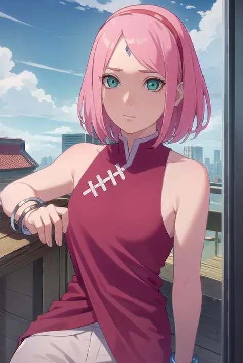 sakuraharuno, <lora:sakura uchiha-lora-nochekaiser:1>,
sakura uchiha, haruno sakura, short hair, (green eyes:1.3), pink hair, facial mark, forehead mark, hairband,
BREAK jewelry, sleeveless, pants, bracelet, sandals, toeless footwear, white pants, dress, red dress,
BREAK outdoors, city, sun, sky, clouds,
BREAK looking at viewer, (cowboy shot:1.5),
BREAK <lyco:GoodHands-beta2:1>, (masterpiece:1.2), best quality, high resolution, unity 8k wallpaper, (illustration:0.8), (beautiful detailed eyes:1.6), extremely detailed face, perfect lighting, extremely detailed CG, (perfect hands, perfect anatomy),