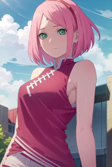 sakuraharuno, <lora:sakura uchiha-lora-nochekaiser:1>,
sakura uchiha, haruno sakura, short hair, (green eyes:1.5), pink hair, facial mark, forehead mark, hairband,
BREAK jewelry, sleeveless, pants, bracelet, sandals, toeless footwear, white pants, dress, red dress,
BREAK outdoors, city, sun, sky, clouds,
BREAK looking at viewer, (cowboy shot:1.5),
BREAK <lyco:GoodHands-beta2:1>, (masterpiece:1.2), best quality, high resolution, unity 8k wallpaper, (illustration:0.8), (beautiful detailed eyes:1.6), extremely detailed face, perfect lighting, extremely detailed CG, (perfect hands, perfect anatomy),