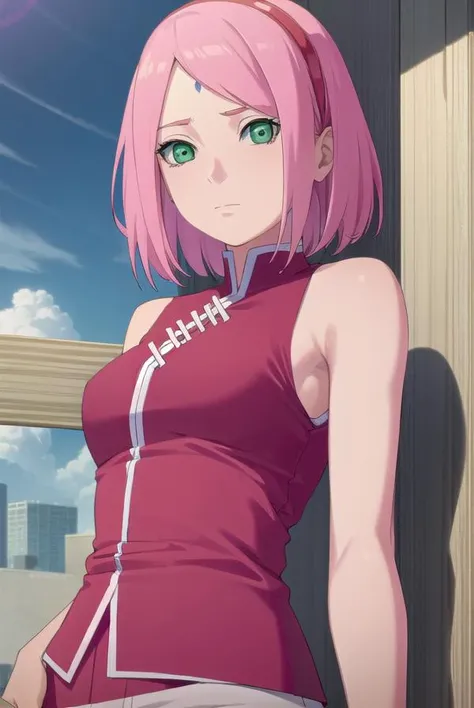 sakuraharuno, <lyco:sakura haruno shippuuden-lyco-nochekaiser:1>,
noheadband sakura haruno, short hair, (green eyes:1.5), pink hair,
BREAK shirt, (red shirt:1.5), short sleeves, vest,
BREAK outdoors, forest, sky, clouds, nature, sun,
BREAK looking at viewer, (cowboy shot:1.5),
BREAK <lyco:GoodHands-beta2:1>, (masterpiece:1.2), best quality, high resolution, unity 8k wallpaper, (illustration:0.8), (beautiful detailed eyes:1.6), extremely detailed face, perfect lighting, extremely detailed CG, (perfect hands, perfect anatomy),