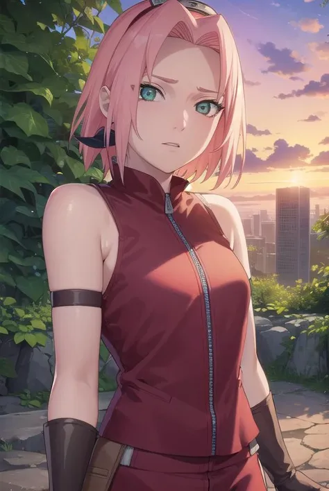 sakuraharuno, <lora:sakura haruno shippuuden-lora-nochekaiser:1>,
default sakura haruno, short hair, (green eyes:1.5), pink hair, (parted bangs:1.5),
BREAK gloves, green eyes, sleeveless, black gloves, red shirt, zipper, forehead protector, konohagakure symbol,
BREAK outdoors, forest, sky, clouds, nature, sun,
BREAK looking at viewer, (cowboy shot:1.5),
BREAK <lyco:GoodHands-beta2:1>, (masterpiece:1.2), best quality, high resolution, unity 8k wallpaper, (illustration:0.8), (beautiful detailed eyes:1.6), extremely detailed face, perfect lighting, extremely detailed CG, (perfect hands, perfect anatomy),